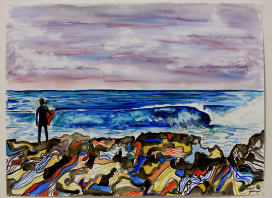 Little Space Landscape Painting with Stuart McMillan Painting of a surfer standing at the edge of the ocean